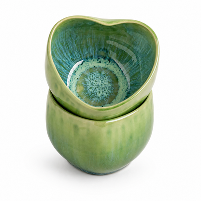 Handmade Green Heart-Shaped Stoneware Cup Set
