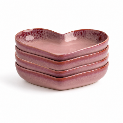 Handmade Pink Heart-Shaped Deep Stoneware Plate Set