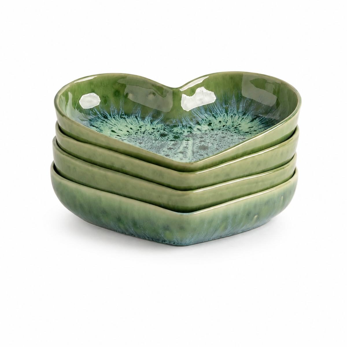 Handmade Green Heart-Shaped Deep Stoneware Plate Set