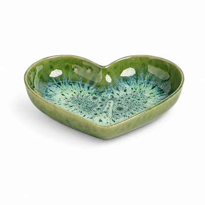 Handmade Green Heart-Shaped Deep Stoneware Plate Set